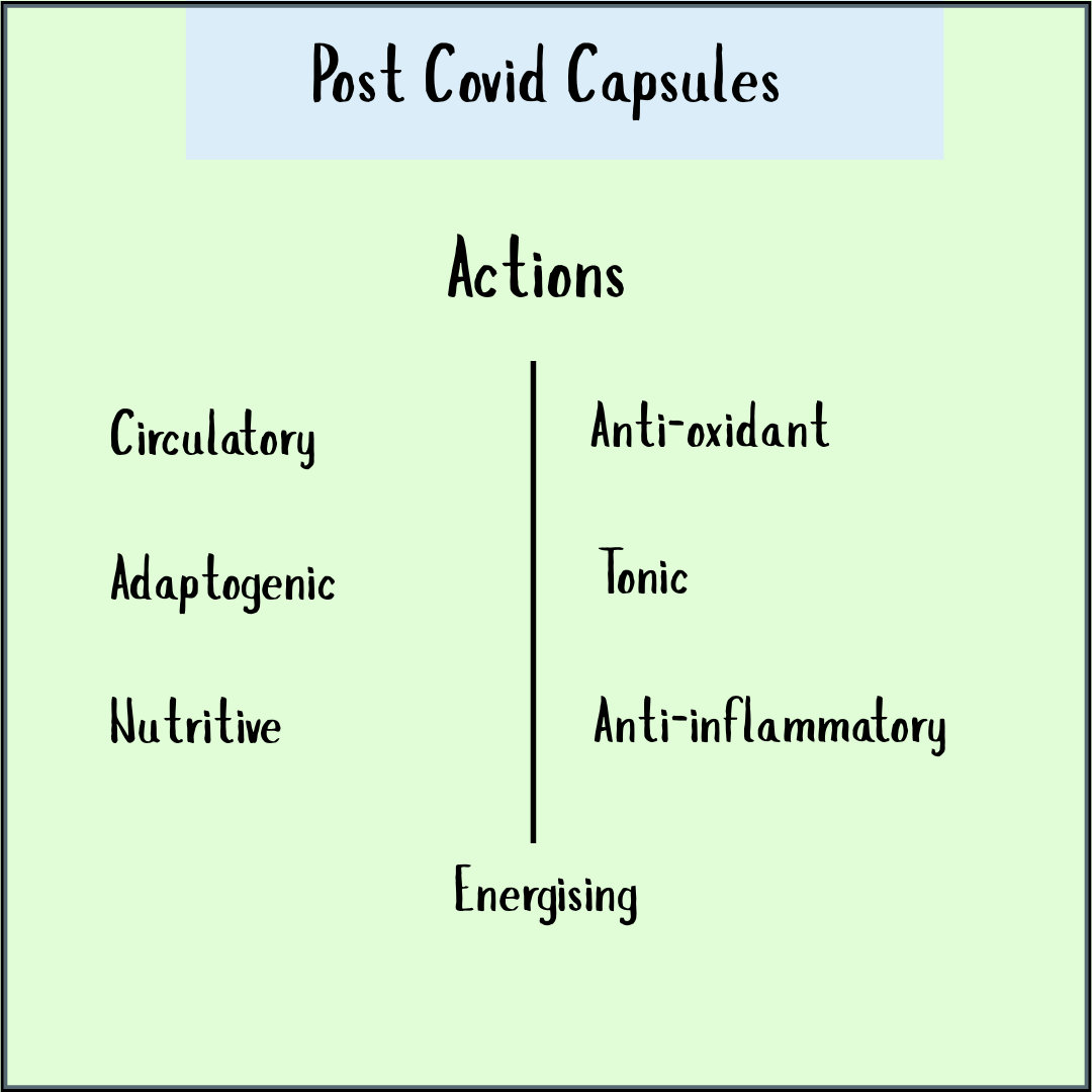 Chart titled "Post Covid - 100 Caps" highlights herbal capsules with circulatory, adaptogenic, nutritive, antioxidant, tonic, anti-inflammatory, and energizing actions—designed to support fatigue and recovery after COVID.
