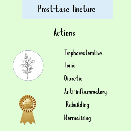 Text reads “Prost-Ease Tincture - 300 ml” with a list of benefits and a quality badge; features a leaf illustration, emphasizing natural prostate support.