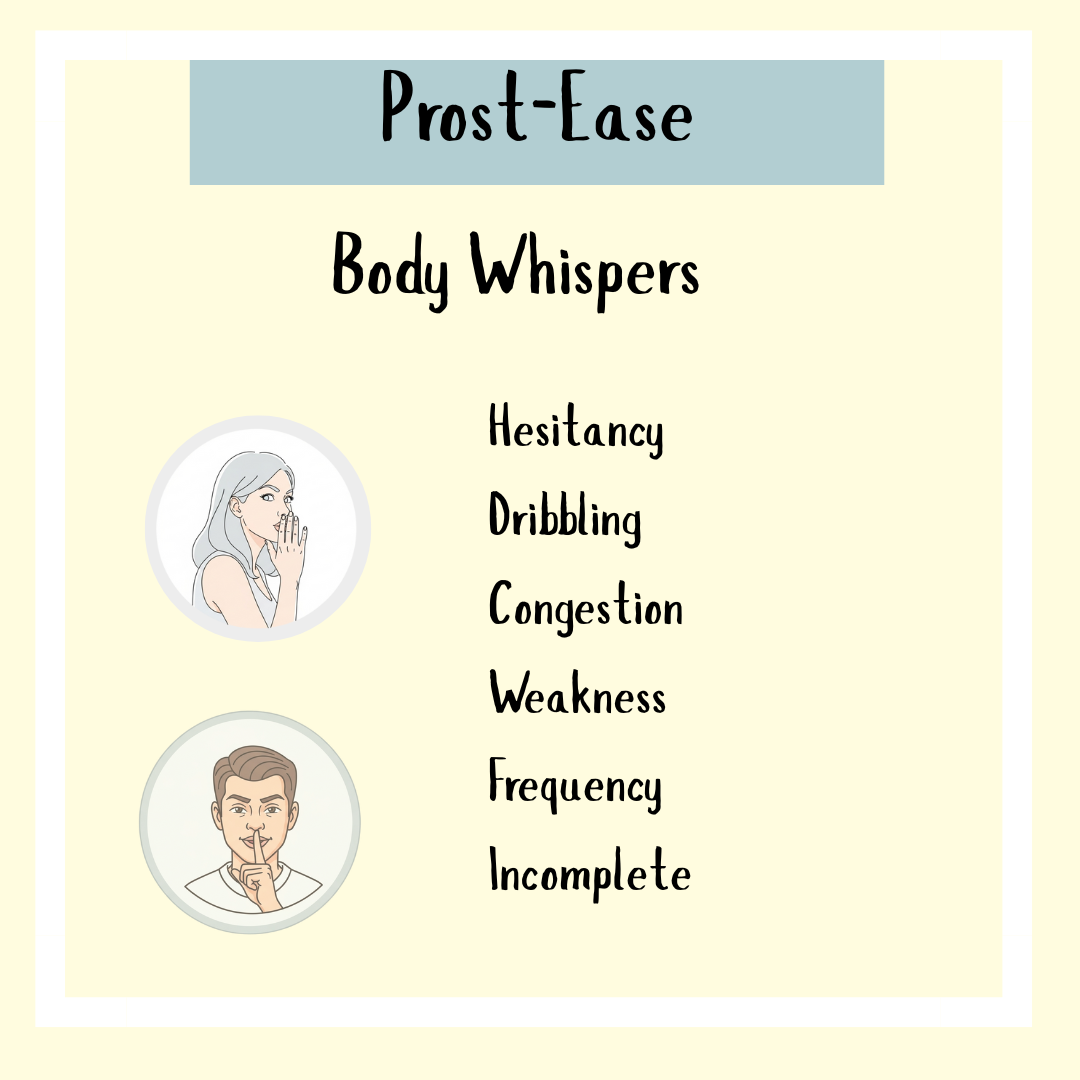 Two people whispering next to a list of urinary issues highlight the need for natural prostate support—try Prost-Ease Tincture (300 ml) for better prostate health.