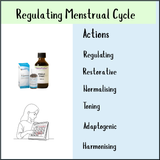 Regulating Cycle Combination: box with female tonic, woman tracking menstrual cycle on calendar. Benefits include regulating, restorative, and adaptogenic properties—formulated to support hormonal balance and promote cycle regulation.