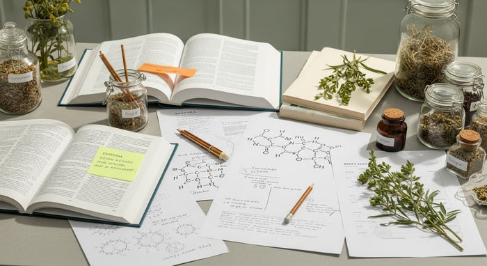 Educational setting with open books, notes, and jars on a table