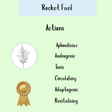 Rocket Fuel: Potent herbal tincture featuring a plant illustration and gold ribbon, expertly crafted to act as an aphrodisiac, tonic, and male libido booster.