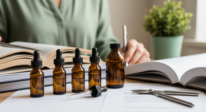 Set of brown glass dropper bottles on a desk with books and a plant in the background