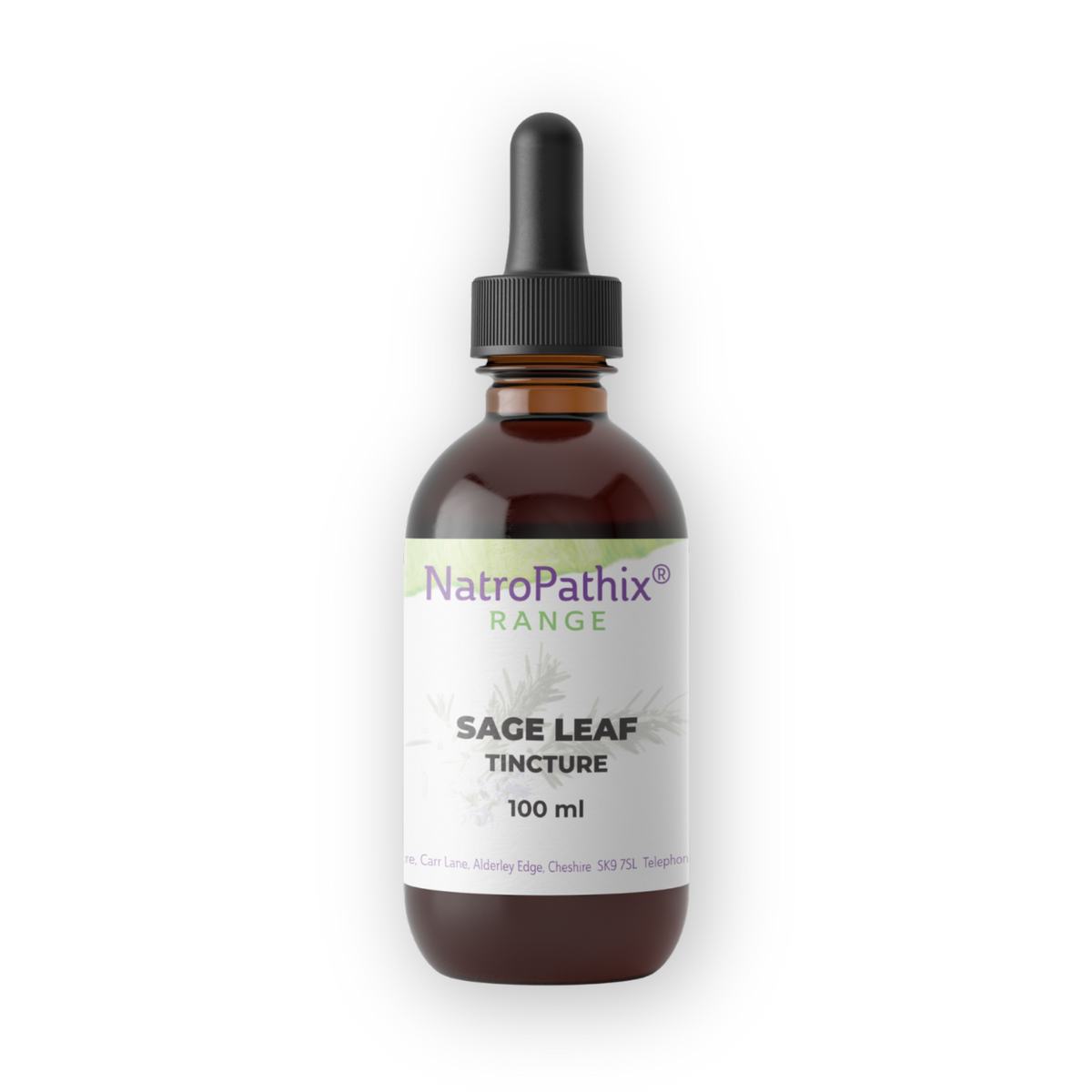 A brown glass dropper bottle labeled "Sage Tincture - 100 ml" rests on a white background, showcasing this tincture’s antioxidant properties and support for menopausal symptoms.