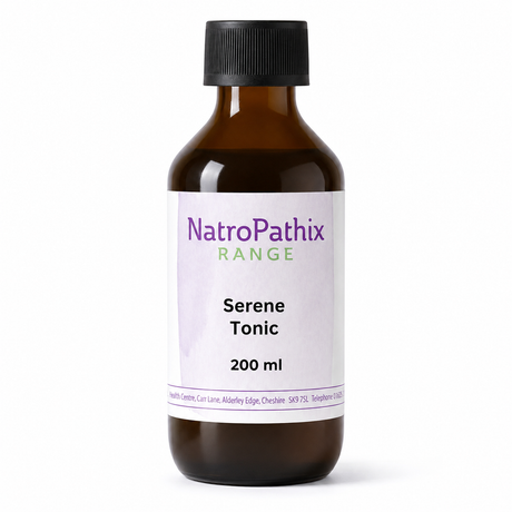 A 200 ml amber glass bottle of NatroPathix Range Serene Tonic with a black ribbed cap and a white label, set against a plain white background.