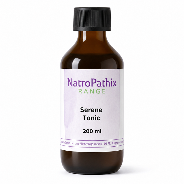 A 200 ml amber glass bottle of NatroPathix Range Serene Tonic with a black ribbed cap and a white label, set against a plain white background.