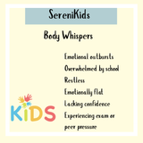 A SereniKids - 100ml Tincture graphic lists kids' stress signs—outbursts, restlessness, low confidence—and promotes natural stress relief for children.