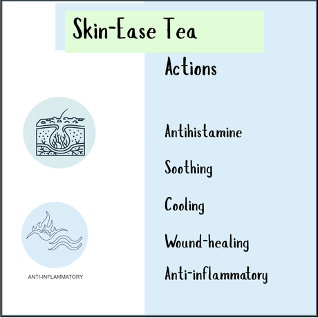 Infographic titled "Skin-Ease Tea - 100gms" highlights antihistamine, soothing, cooling, wound-healing, and anti-inflammatory actions—perfect for calming skin irritations and relieving dry, itchy skin.