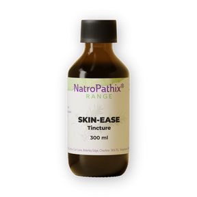 A brown bottle labeled "Skin-Ease Tincture - 200/300ml" with a black cap—formulated to help cleanse blood and support skin health.
