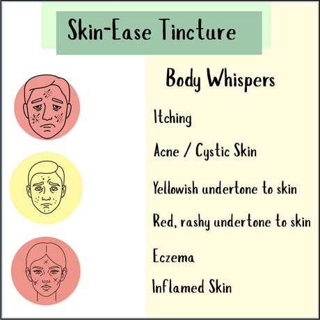 Chart for "Skin-Ease Tincture - 200/300ml" with face icons and symptoms like acne, eczema, and irritated skin—an herbal formula that naturally supports skin health and helps cleanse the blood.