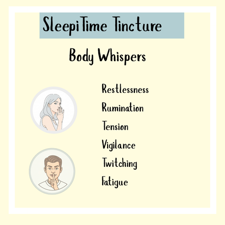 A list titled "SleepiTime Tincture: Body Whispers" displays symptoms and illustrations of a woman and a man, showcasing the natural sleep aid benefits of SleepiTime Tincture.