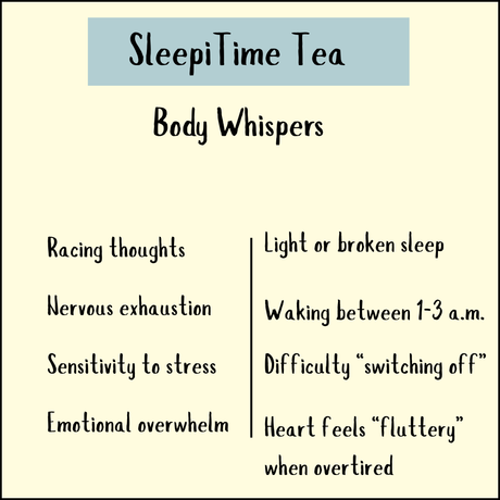 SleepiTime Tea - 50 & 100gms: Helps with racing thoughts, light sleep, nervous exhaustion, waking at night, sensitivity, and overwhelm. Enjoy this tea for restorative sleep and a calmer mind.