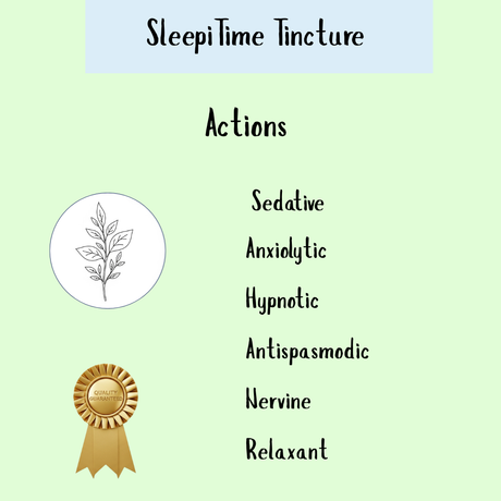 A light green graphic highlights SleepiTime Tincture’s actions: natural sleep aid, sedative, anxiolytic, hypnotic, antispasmodic, nervine, and relaxant.