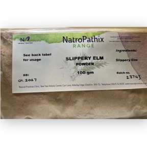 A packet labeled "Slippery Elm Powder - 100 gms," known for supporting digestive health and natural detox, with expiry date 01.2027.