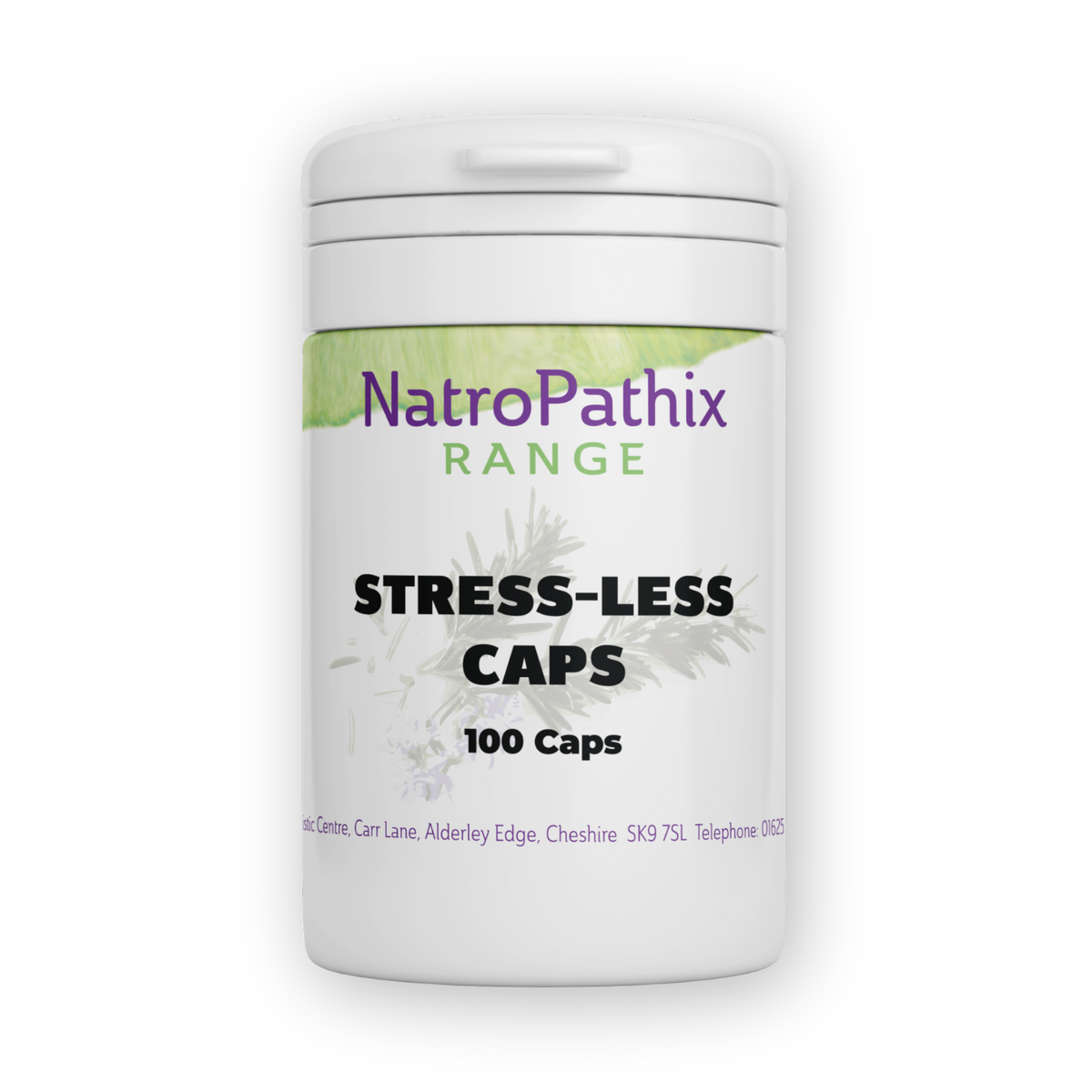 White bottle labeled "Stress-Less 100 capsules" on a plain background, featuring a formula designed to support the nervous system.