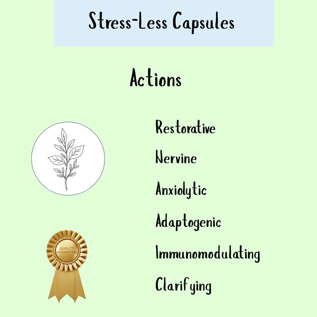 Text graphic listing benefits of Stress-Less 100 capsules for immunity and nervous system support, with a leaf illustration and a gold quality badge.