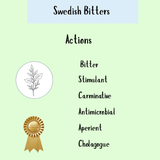 Swedish Bitters Tincture (100ml, 200ml, 300ml) features digestive health benefits, a plant illustration, and a quality badge on light green—presented as a classic herbal tonic.