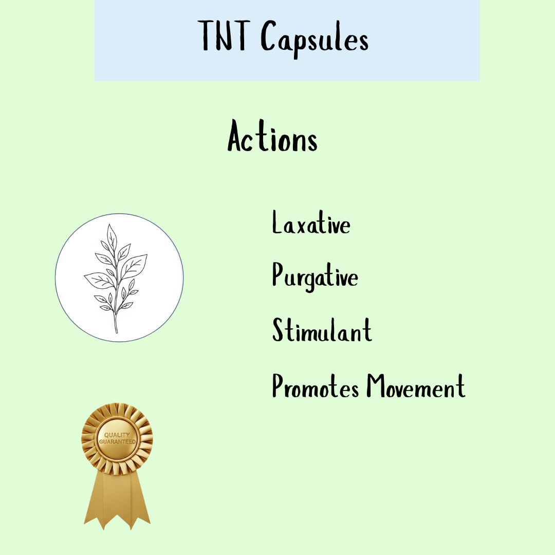 Infographic for TNT - Co-Ton's Big Brother shows its laxative, purgative, and stimulant actions; promotes healthy bowel movement and supports motility. Features plant and award icons.