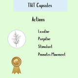 Infographic for TNT - Co-Ton's Big Brother shows its laxative, purgative, and stimulant actions; promotes healthy bowel movement and supports motility. Features plant and award icons.