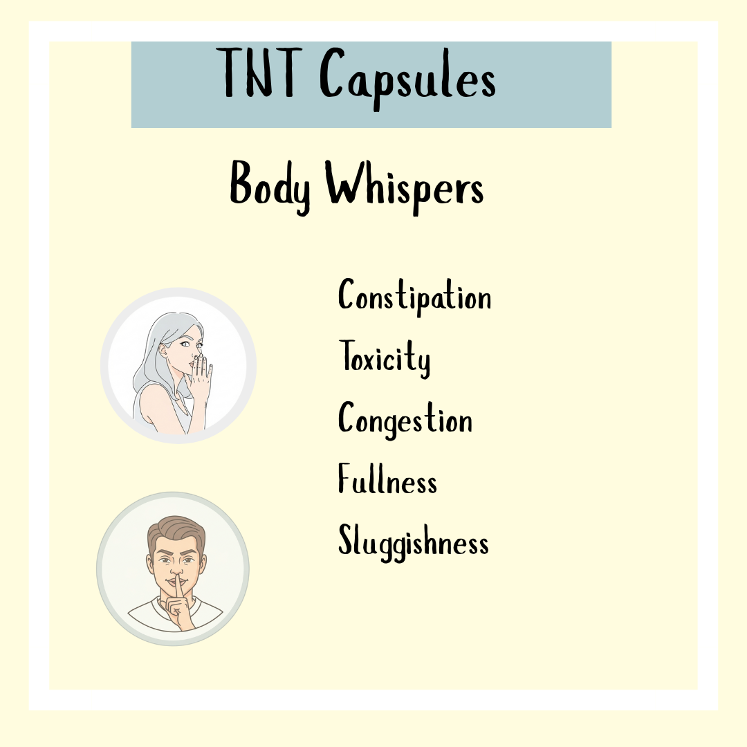 TNT - Co-Ton's Big Brother may help address symptoms like constipation, toxicity, congestion, fullness, and sluggish bowel motility—with two people making shushing gestures.