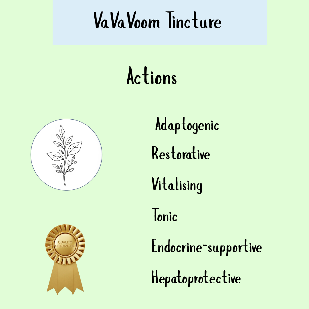 Text graphic for "Va Va Voom Tincture" (100ml, 200ml, 300ml), highlighting its benefits with a leaf sketch and gold quality ribbon—ideal as an adaptogenic tonic and for adrenal support.