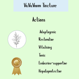 Text graphic for "Va Va Voom Tincture" (100ml, 200ml, 300ml), highlighting its benefits with a leaf sketch and gold quality ribbon—ideal as an adaptogenic tonic and for adrenal support.