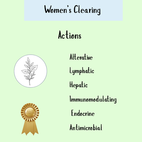 Women's Clearing & Uterine Tonic - 300ml: Features a list of herbal actions for uterine health, a botanical illustration, and a gold quality award ribbon.