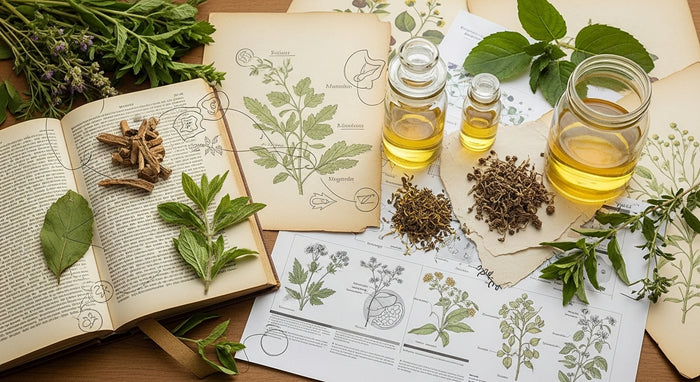 Herbal remedies with bottles of oil, dried herbs, and botanical illustrations on a wooden surface.