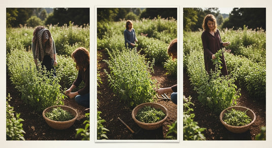 three images showing rows of herbs being picked into baskets