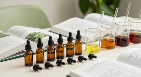 Collection of brown glass dropper bottles on a table with open books and beakers containing liquids.