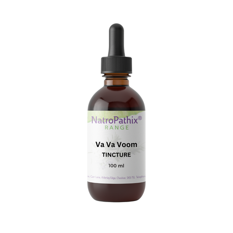 A brown glass dropper bottle labeled "Va Va Voom Tincture - 100/200/300ml"—an adaptogenic tonic formulated to naturally boost energy and support adrenal health.