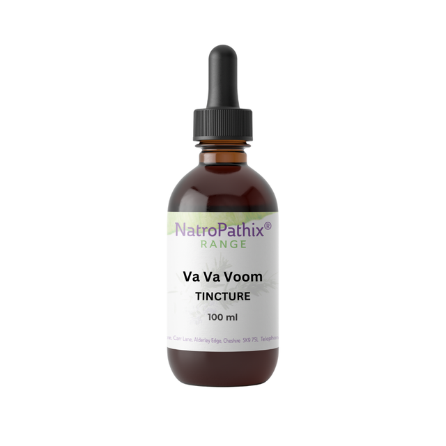 A brown glass dropper bottle labeled "Va Va Voom Tincture - 100/200/300ml"—an adaptogenic tonic formulated to naturally boost energy and support adrenal health.